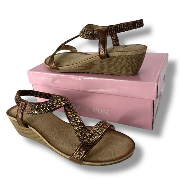 NEW GC Shoes Sandals Size 8 Brown rhinestone Embellished Low Wedge Strappy Boho - Picture 8 of 13